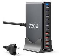 Estación de Carga USB 10 Puertos 730W, Cargador GAN III PD 140W 100W 65W 30W USB-C/USB-A, Enchufe de Carga Rápida para Portátiles y Teléfonos, Compatible con MacBook Pro/Air,para iPhone 15/16/14