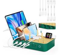 Estación de Carga USB-C de bambú para múltiples Dispositivos,60W, 6 Puertos con 3 Salidas de CA (3 USB C, 3 USBA),Cable de alimentación de 2 m para teléfono, lPad y Tableta(6 Cables incluidos),Verde