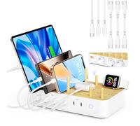 Estación de Carga USB-C de bambú para múltiples Dispositivos,60W, 6 Puertos con 3 Salidas de CA (3 USB C, 3 USBA),Cable de alimentación de 2 m para teléfono, lPad y Tableta(6 Cables incluidos),Blanco
