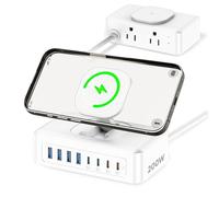Estación de carga USB de 200 W, 11 en 1 USB C, protector de sobretensiones de regleta de alimentación, 2 salidas AC y 8 puertos USB, cable de extensión de enchufe plano de 5 pies con múltiples