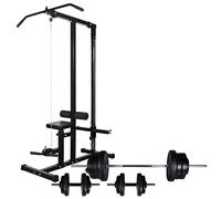 Estación de fuerza con mancuernas y juego de mancuernas de 60,5 kg, curler de pierna ajustable en 3 posiciones y barra de seguridad para entrenamiento de fuerza en casa