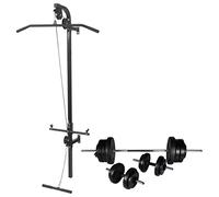 Estación de fuerza montada en la pared con torre de tracción, mancuernas y mancuernas, discos de 60,5 kg, construcción de acero resistente, incluye dos poleas, barra de poleas y cable de tracción