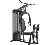 Estación de fuerza SPORTNOW, estación de fitness multifuncional con barra de abdominales y barra mariposa, prensa de piernas, máquina de fitness con bloques de pesas de 45 kg para uso doméstico, negro