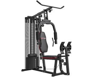 Estación de fuerza SPORTNOW, estación de fitness multifuncional con barra de abdominales y barra mariposa, prensa de piernas, máquina de fitness con bloques de pesas de 45 kg para uso doméstico, negro