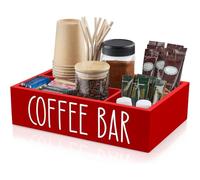 Estación De Organizador De Barra De Café | Caddy De Bebidas De Madera Con Divisores Extraíbles | Caja De Almacenamiento De Café Y Té Rústico Para Cocina, Encimera, Lugar De Trabajo, Apartamento Y Uso