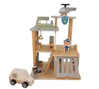 Estación de policía de madera para niños - 3 niveles de comisaría de policía con figuras, coche de policía, helicóptero y accesorios, juego de rol a partir de 3 años