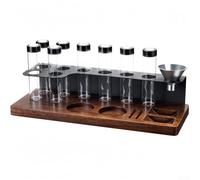 Estación de prensado de madera para café expreso, estante de almacenamiento de granos de café con soporte de metal, 8 tubos de vidrio y embudo para preservar la frescura y cocina elegante para
