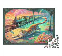Estación de Tren Gato Naranja Puzzle de 1000 Piezas Papel para Adultos Escena Fantasía Juego de Puzzle 1000 Piezas Decoración Relajación Regalo 52x38cm/1000pcs