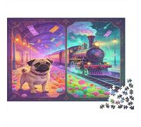 Estación de Tren Vintage Perro pequeño Puzzle de 1000 Piezas Puzzle para Adultos Papel Escena fantástica relajación decoración Regalo Familiar 52x38cm/1000pcs