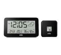 Estación meteorológica y reloj digital controlado por radio Braun para la zona horaria de Europa Central (DCF) con temperatura y humedad, pronóstico del tiempo, pantalla LCD, negro, modelo BC13BP-DCF.