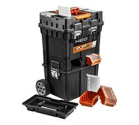 Estación móvil de trabajo de plástico, desmontable en varias piezas, bisagras de metal, espacios interiores configurables, contenedores portaminuterías con tapa extraíble, completo con ruedas de plástico ultrarresistente y asa para un cómodo transporte.