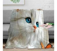 Estampado 3D Blanco Gatito frazada Microfibra Ropa de Cama cálida Blue Eyed Fantasy Arte Manta para Aire Acondicionado Ligera para oficinas Juveniles 80×90inch(200x230cm)