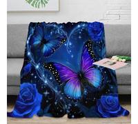Estampado 3D Blue Butterfly Arte Plaid de sofá Microfibra Ropa de Cama no desprende Pelusa Fantasy Floral de Manta de sofá Suave para Regalos para el hogar 80×90inch(200x230cm)