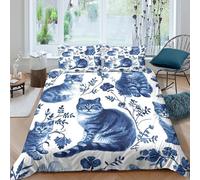 Estampado 3D Blue Cat Pattern Cubierta de edredón Ropa de Cama con Funda de Almohada Precioso Protector de edredón Bonito para Abuelos Amigos compañeros Single（140x200cm）