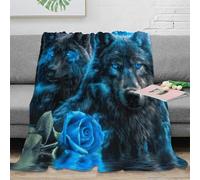 Estampado 3D Blue-Eyed Wolves Plaid de Cama Microfibra Ropa de Cama Lavable en Lavadora Fantasy Wolf Arte Manta de Cama Suave y cálida Anti-Bolitas para Cama 60x80inch(150x200cm)