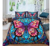 Estampado 3D Butterfly Stained Glass Cubierta de edredón Ropa de Cama con Funda de Almohada Refinado Protector de edredón Exquisito para familias cercanas Padres King（220x240cm）