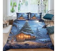 Estampado 3D Cabaña navideña Funda de edredón Ropa de Cama con Funda de Almohada Antiácaros Estilo Cuento de Hadas Invernal Funda para edredón Suave para Estudiantes Adolescentes Single（135x200cm）