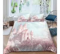 Estampado 3D Castillo de Cuento de Hadas Protector de edredón Ropa de Cama con Funda de Almohada Lavable Estilo de fantasía onírica Funda de edredón para niños Estudiantes Single（135x200cm）