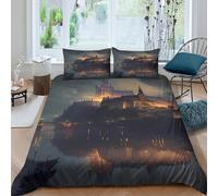 Estampado 3D Castillo Medieval Protector de edredón Ropa de Cama con Funda de Almohada Lavable Escena Nocturna de fantasía Funda de edredón Secado rápido para niños Estudiantes Single（135x200cm）