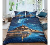 Estampado 3D Castillo Nocturno Funda para edredón Ropa de Cama con Funda de Almohada Lavable Pintura de Paisaje fantástico Cubierta de edredón para Adultos Parejas familias Single（135x200cm）