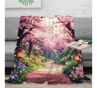 Estampado 3D Cherry Blossom Path Manta Microfibra Ropa de Cama Suave y cálida Fantasy Garden Scene Plaid Compacto Anti-Bolitas para Estudiantes universitarios 80×90inch(200x230cm)