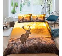 Estampado 3D Ciervos al Atardecer Cubierta de edredón Ropa de Cama Duradero Escena Naturaleza con Vida Silvestre Protector de edredón Suave para compañeros de Piso Single（135x200cm）