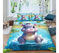 Estampado 3D Cute Hippo Baby Cubierta de edredón Ropa de Cama con Funda de Almohada Cómodo Protector de edredón Duradero para jóvenes Adultos compañeros de Piso Super King（260x220cm）