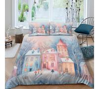 Estampado 3D Escena de un Pueblo Invernal Funda para edredón Ropa de Cama Secado rápido Cuento de Hadas Colorido Cubierta de edredón Antiácaros para Estudiantes Single（135x200cm）