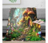 Estampado 3D Fantasy Mushroom House Manta para Aire Acondicionado Ropa de Cama Ligera Enchanted Forest Plaid para Verano Transpirable para Estudiantes en habitación climatizada 60x80inch(150x200cm)