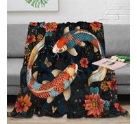 estampado 3D Koi fish arte manta microfibra ropa de cama lavable en lavadora Japanese floral design plaid térmico anti-bolitas no desprende pelusa para uso doméstico diario 50x60inch(127x152cm)