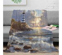 estampado 3D Lighthouse by sea manta de oficina microfibra ropa de cama no desprende pelusa Coastal sunset pintura manta de descanso cálida para regalos para profesionales 60x80inch(150x200cm)