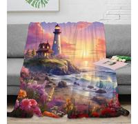 estampado 3D Lighthouse seaside manta para aire acondicionado microfibra ropa de cama ligera Pintura sunset plaid para verano suave y transpirable anti-bolitas para verano 40x50inch(100x130cm)