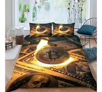 Estampado 3D Moneda Bitcoin Cubierta de edredón Ropa de Cama con Funda de Almohada Calidad Concepto de Moneda Digital Protector de edredón Refinado para familias compañeros Amigos Single（135x200cm）