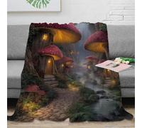 Estampado 3D Mushroom Houses Plaid Microfibra Ropa de Cama Anti-Bolitas y Suave Fantasy Village Scene Manta para Aire Acondicionado esponjosa no desprende Pelusa para Verano 80×90inch(200x230cm)