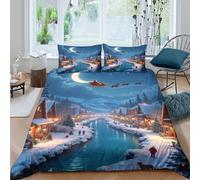 Estampado 3D Nochebuena Funda de edredón Ropa de Cama con Funda de Almohada Transpirable Escena de un Pueblo de Cuento de Hadas Funda para edredón para Adultos Parejas Single（135x200cm）