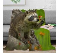 Estampado 3D Raccoon with Flower Manta Microfibra Ropa de Cama Anti-Bolitas y cálida Wild Animal Nature Plaid Compacto para Regalos de graduación 80×90inch(200x230cm)
