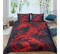 Estampado 3D Red Dragon Art Cubierta de edredón Ropa de Cama con Funda de Almohada Calidad Protector de edredón Refinado para familias cercanas compañeros Double（200x200cm）