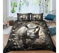 Estampado 3D Rhino Breaking Wall Protector de edredón Ropa de Cama con Funda de Almohada Ligero Funda de edredón Lavable para jóvenes Adultos compañeros de Piso Single（140x200cm）