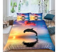 Estampado 3D Salto de Delfines al Atardecer Cubierta de edredón Ropa de Cama con Funda de Almohada Lujoso Paisaje Natural Protector de edredón Precioso para familias cercanas Amigos Single（135x200cm）