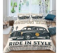 Estampado 3D Taxi Antiguo de Londres Funda para edredón Ropa de Cama con Funda de Almohada Lavable Ilustración de un Coche Retro Cubierta de edredón Extra Suave para Estudiantes Single（135x200cm）