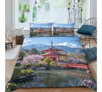 Estampado 3D Templo japonés Funda de edredón Ropa de Cama con Funda de Almohada Antiácaros Arquitectura Tradicional Funda para edredón Lavable para Solteros jóvenes Adultos Single（135x200cm）