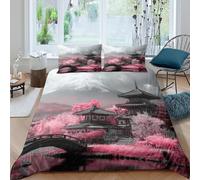 Estampado 3D Templo japonés Protector de edredón Ropa de Cama con Funda de Almohada Cómodo Arquitectura Tradicional Funda de edredón Duradero para Estudiantes compañeros de Piso Single（135x200cm）