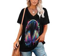 Estampado Auriculares con Grafiti Callejero Camisetas De Verano para Mujer con Cuello En V, Estilo Hip-Hop, De Manga Corta, Holgadas, Cómodas, A La Moda