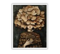 Estampado botánico surrealista en lienzo, mujer misteriosa con hojas ginkgo, póster jaula pájaro con flores, arte pared retro marrón beige sin enmarco, decoración dormitorio sin marco 65x85cm