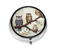 Estampado de búhos en una rama, pastillero, pastillero cuadrado para bolsillo o monedero, pastillero pequeño, organizador de pastillas de viaje