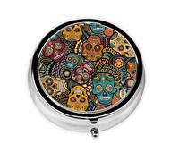 Estampado de calavera de azúcar. Este pastillero de viaje pequeño, redondo y de tres compartimentos es perfecto para almacenar medicamentos diarios, vitaminas y sobre la marcha.
