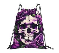 Estampado De Calaveras Con Muchas Rosas Moradas Mujer Hombre Bolsa De Gimnasio Con Cordón Mochila De Cuerdas Casual Bolsa De Deporte Para Playa Baloncesto Acampada