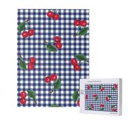 Estampado de Cerezas en Cuadros Azules,Rompecabezas de Madera de 500 Piezas para Adultos y Adolescentes.