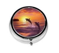 Estampado de delfines al atardecer, pastillero, pastillero cuadrado para bolsillo o monedero, pastillero pequeño, organizador de pastillas de viaje