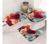 Estampado De Flores De Claveles Coloridos Alfombras De Baño 3 Piezas, Alfombra De Contorno Decorativas Alfombrilla De Contorno para Inodoro Entrar
